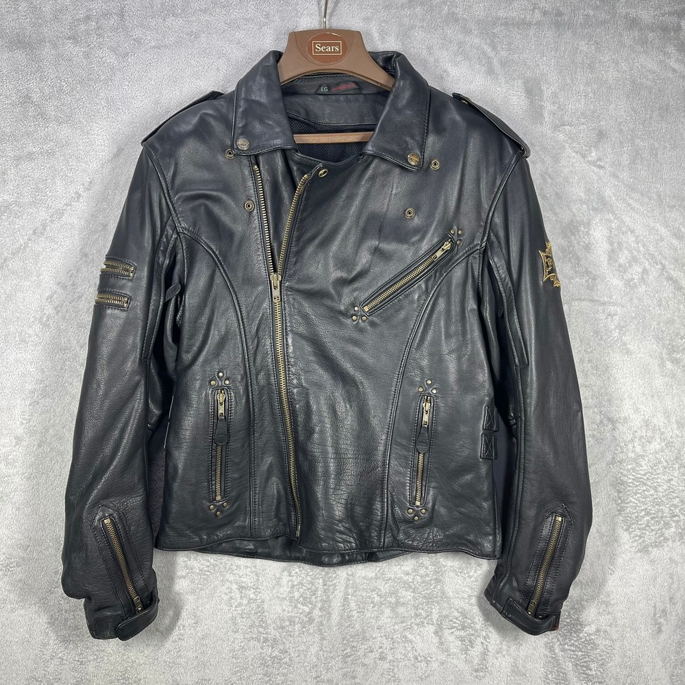 Pokerun Fieldsheer Womens L Leather Motorcycle Jacket Black Biker Moto